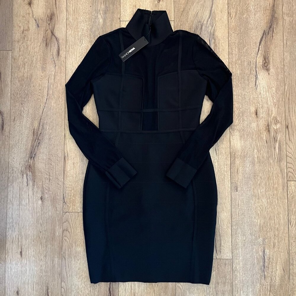 NWT Fashion Nova Black Bandage Mini Dress with Mesh Inserts